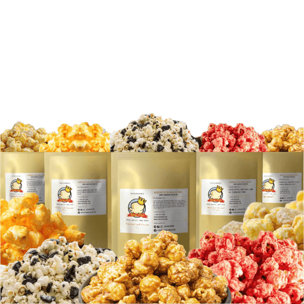 Gourmet popcorn variety pack with assorted flavors in gold bags, perfect for family gatherings and online purchase from Winston Salem.