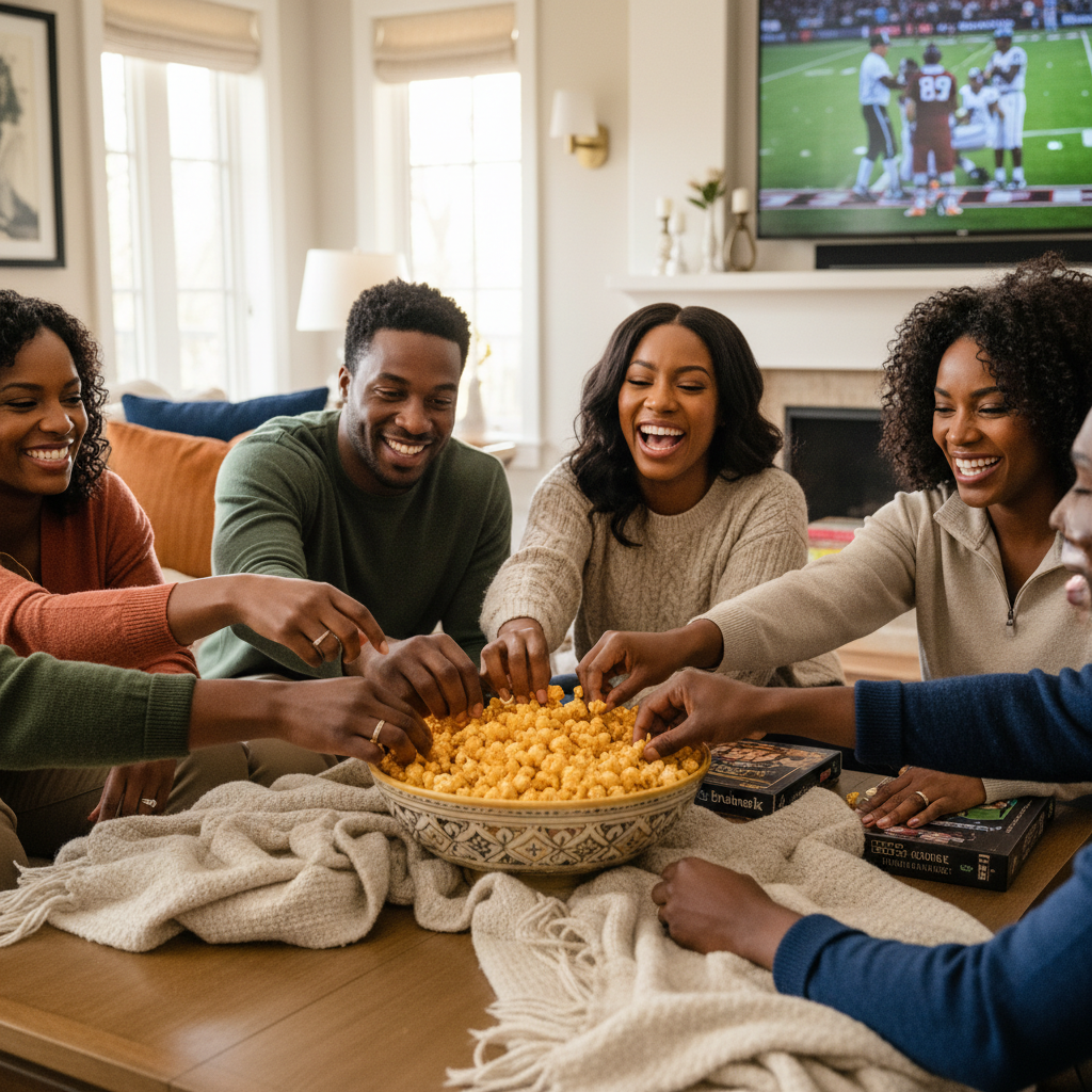 Family Eating Cheddar Cheese Popcorn from Bowl - Lifestyle Photo