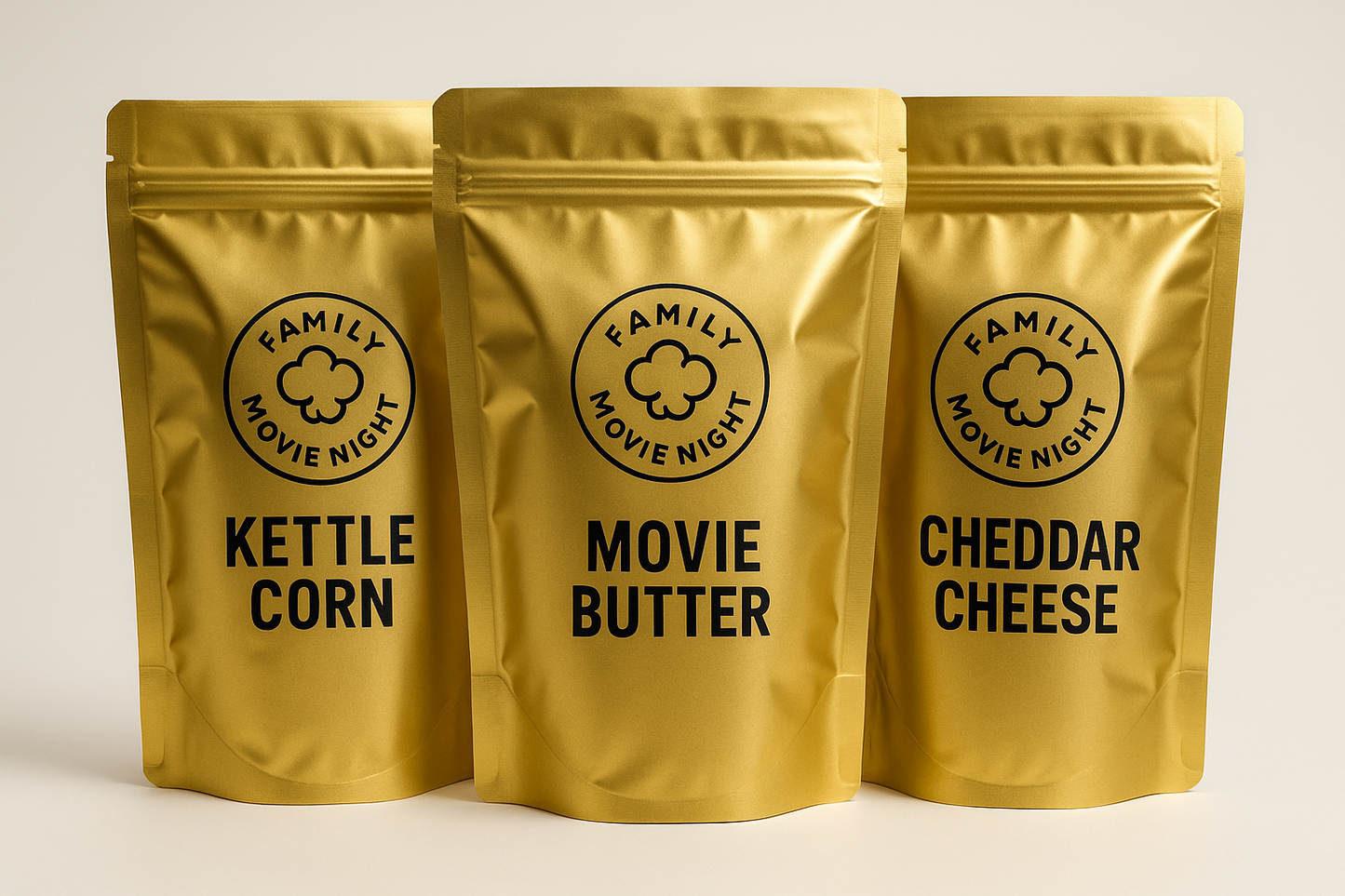 Family Movie Night Popcorn Bundle - Three gold pouch bags of gourmet popcorn including Kettle Corn, Movie Butter, and Cheddar Cheese"