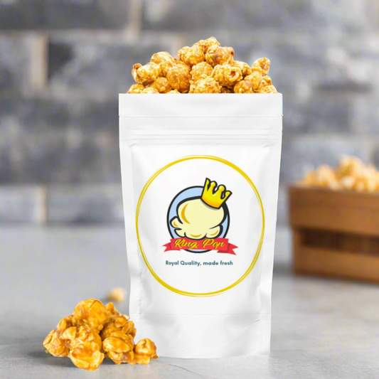 Gourmet caramel popcorn in gold resealable bag, handcrafted popcorn scnack, small batch made in Winston Salem 