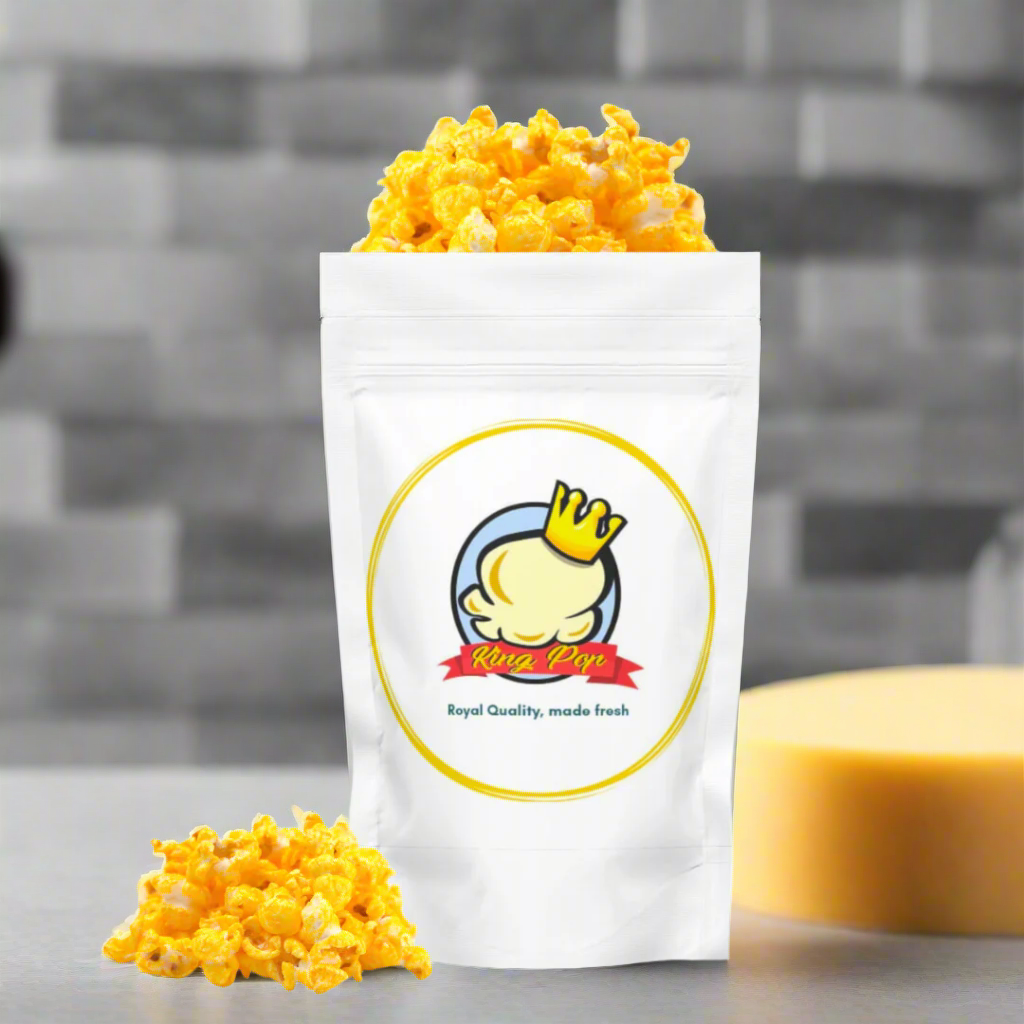 Gourmet Cheddar Cheese Flavored Popcorn in a gold bag, Handcrafted in Small Batches, Perfect for Movie Nights, Popcorn Bundle.