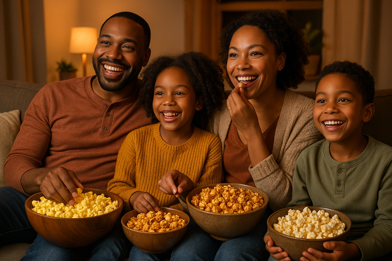 African American family enjoying movie night with popcorn