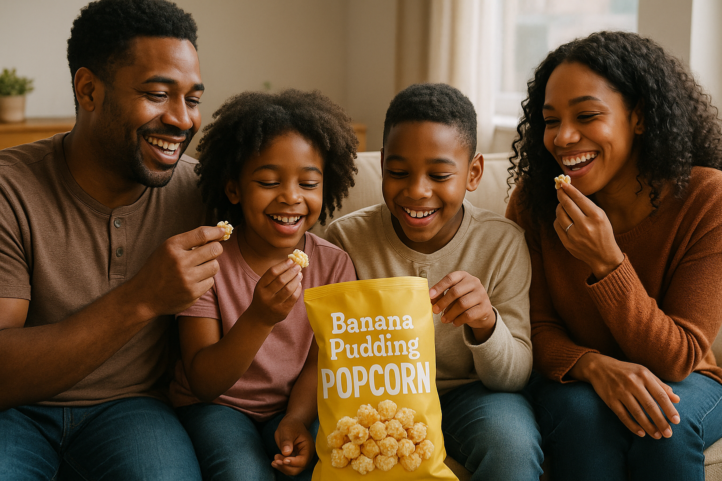 Black family enjoying Banana Pudding Popcorn