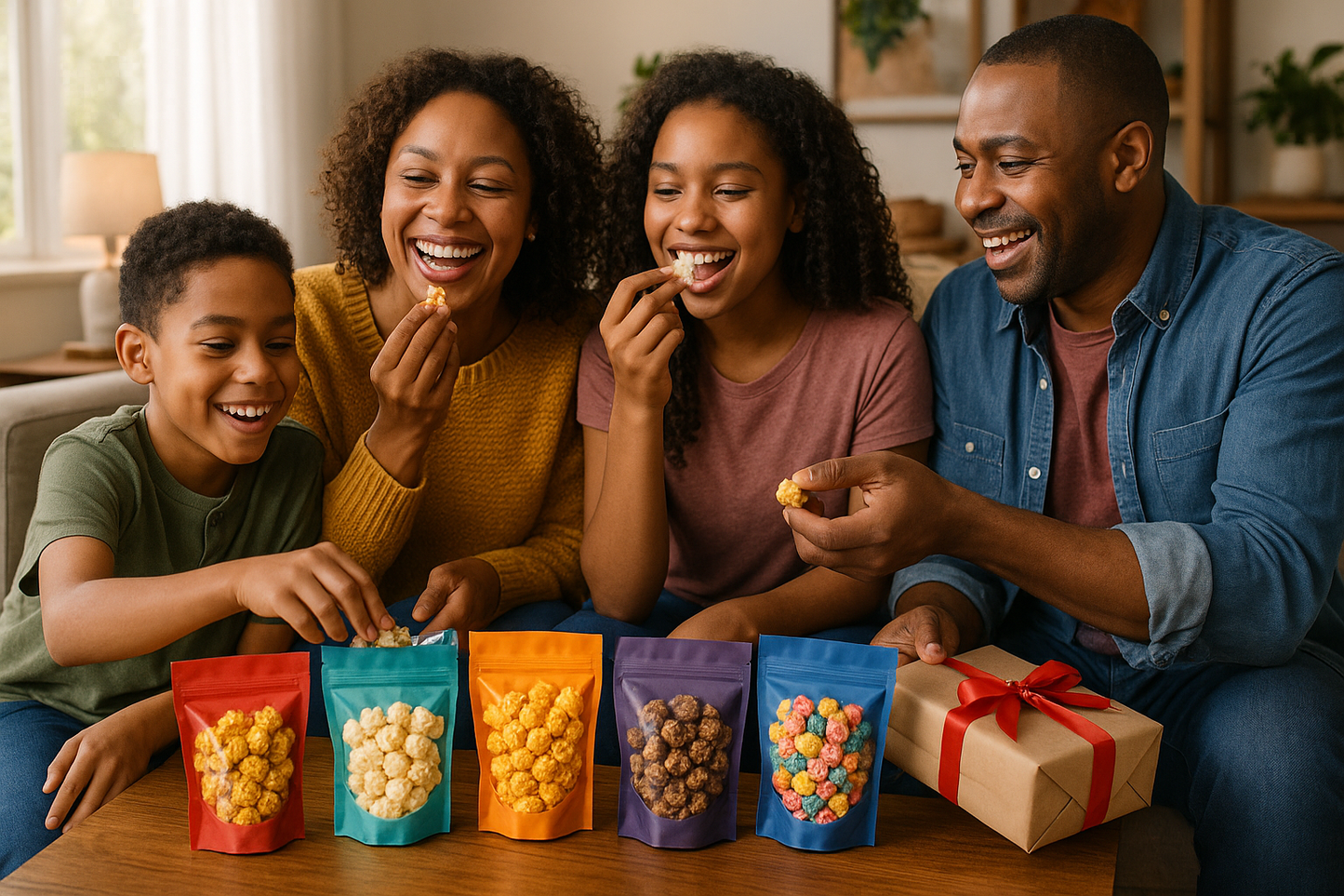 Black family enjoying Crown Collection popcorn bundle