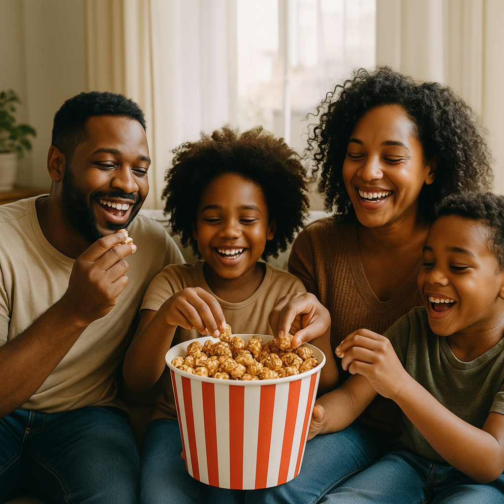 Black Family Enjoying Gourmet Caramel Popcorn - Square Format