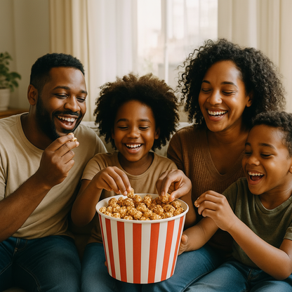 Black Family Enjoying Gourmet Caramel Popcorn - Square Format