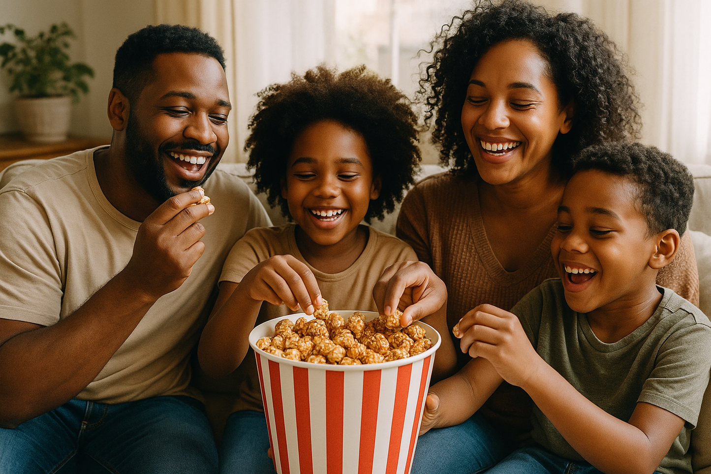 Black family enjoying Gourmet Caramel Popcorn