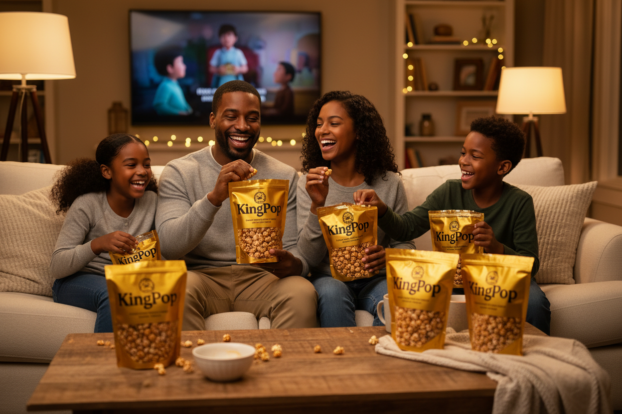 Black family enjoying KingPopws gourmet popcorn on movie night with branded gold bags