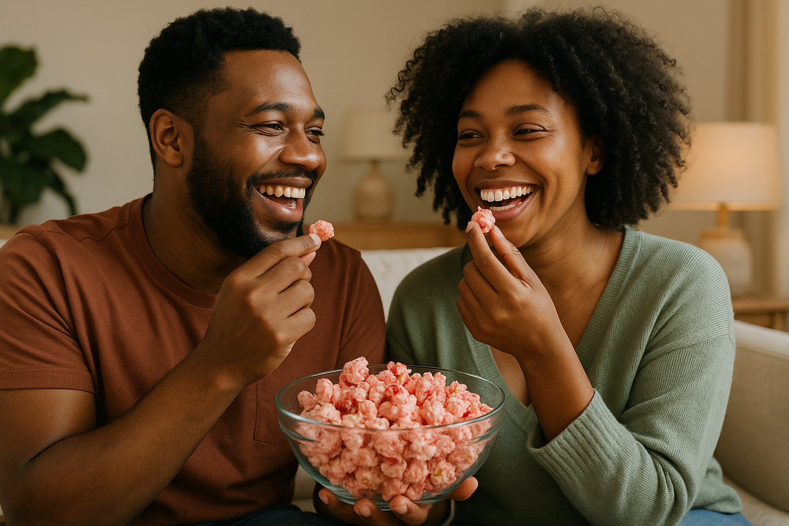 Couple enjoying Strawberries & Cream Popcorn
