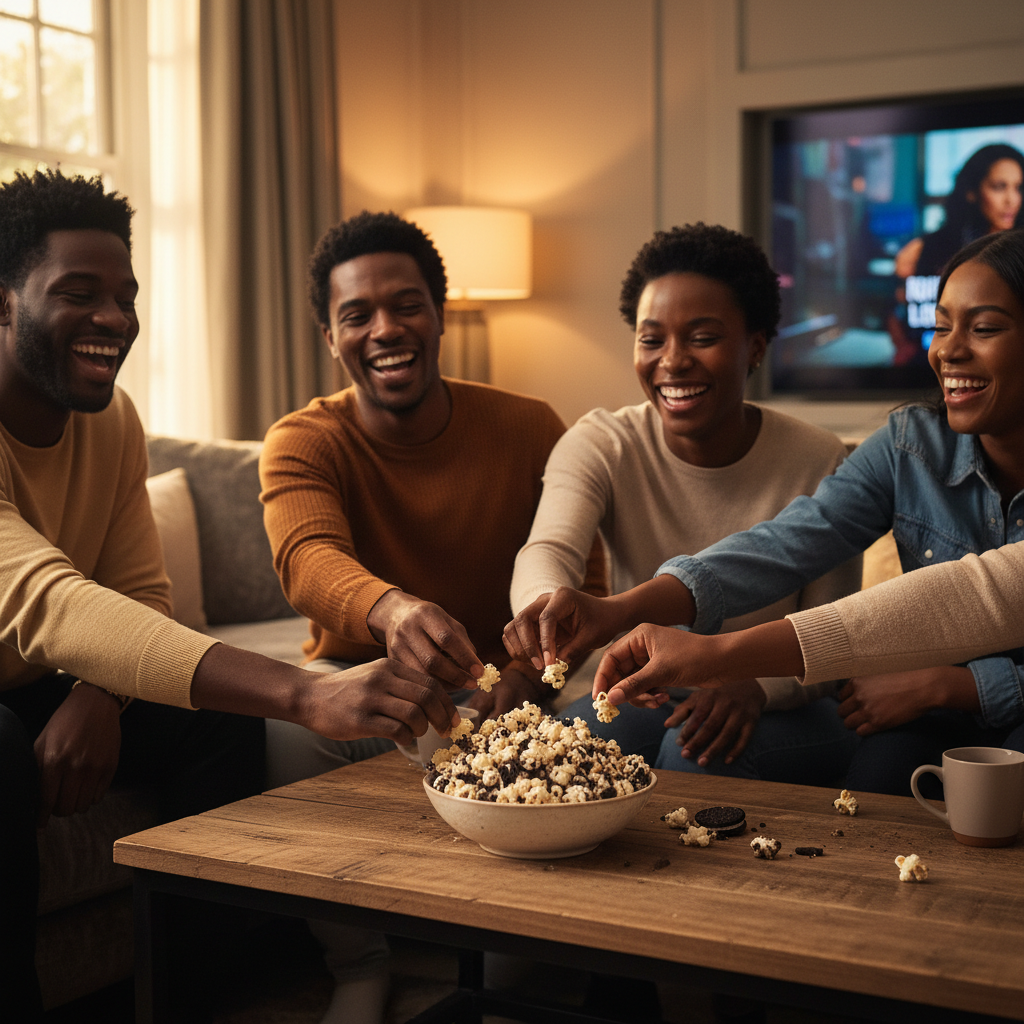 Family Eating Cookies & Cream from Small Bowl - Lifestyle Photo