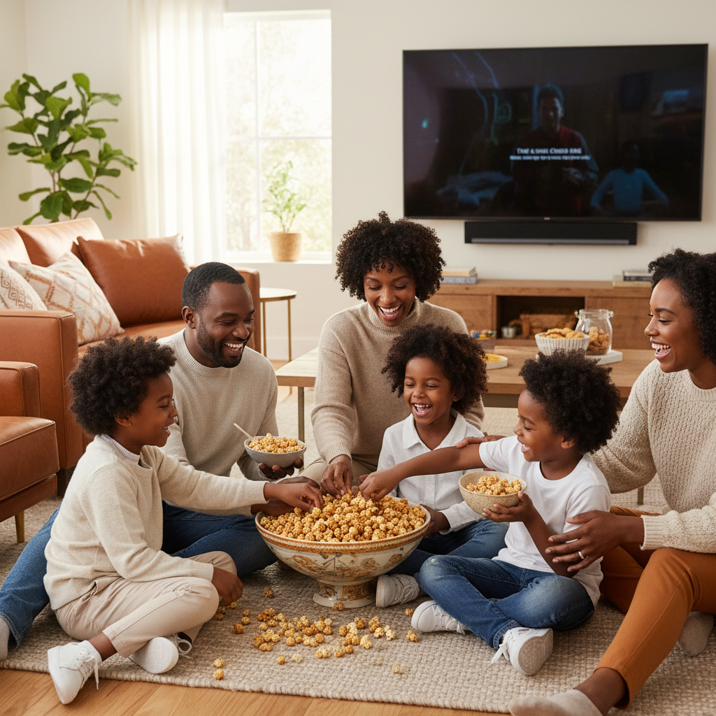 Family Enjoying Caramel & Cheddar Mix - Lifestyle Photo