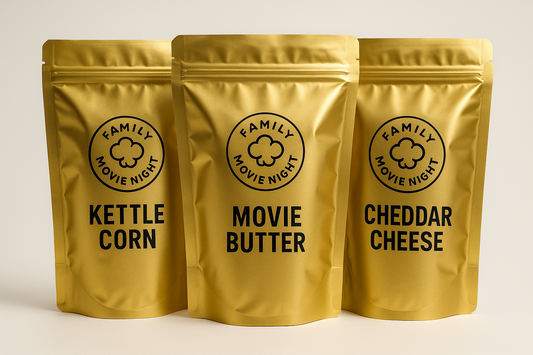 Family Movie Night Popcorn Bundle - Three gold pouch bags of gourmet popcorn including Kettle Corn, Movie Butter, and Cheddar Cheese"